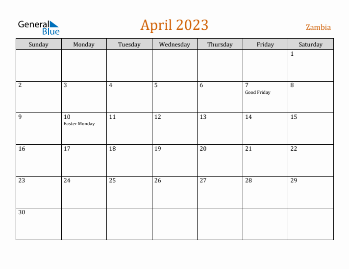 April 2023 Holiday Calendar with Sunday Start