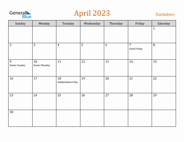 April 2023 Holiday Calendar with Sunday Start