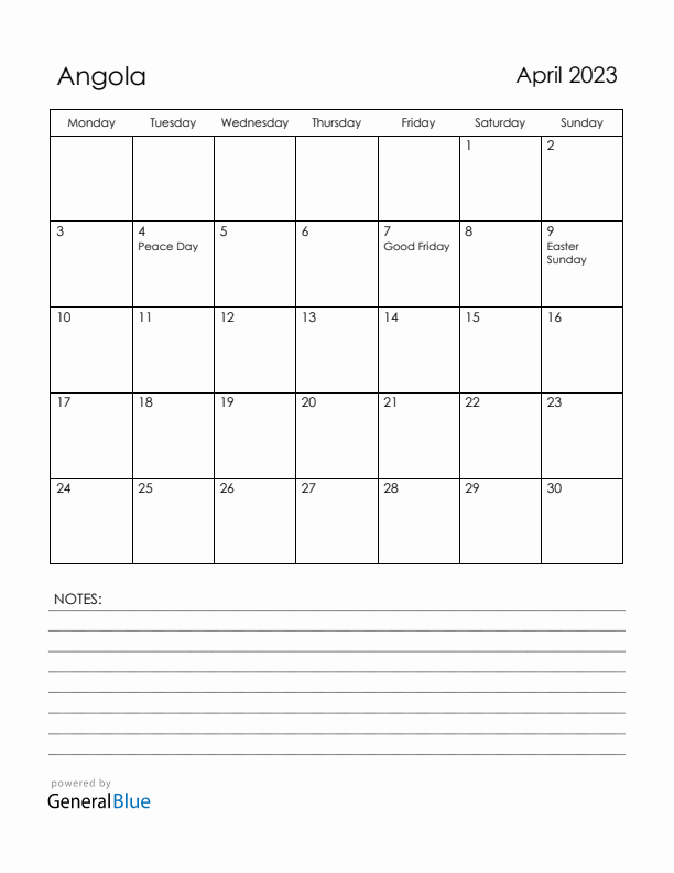 April 2023 Angola Calendar with Holidays (Monday Start)