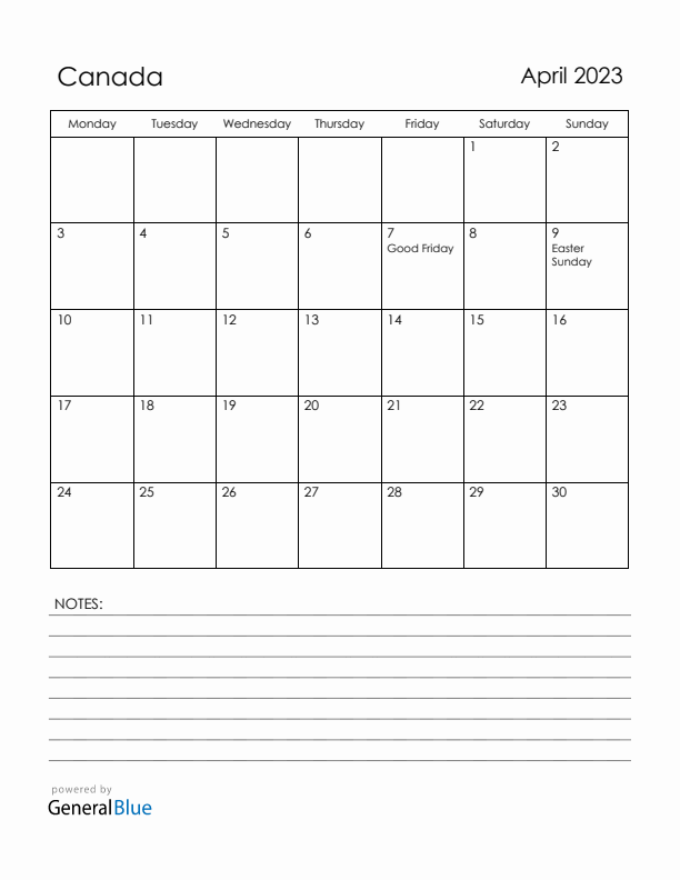 April 2023 Canada Calendar with Holidays (Monday Start)