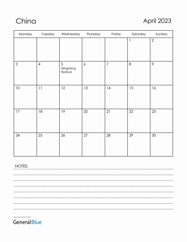 April 2023 China Calendar with Holidays (Monday Start)