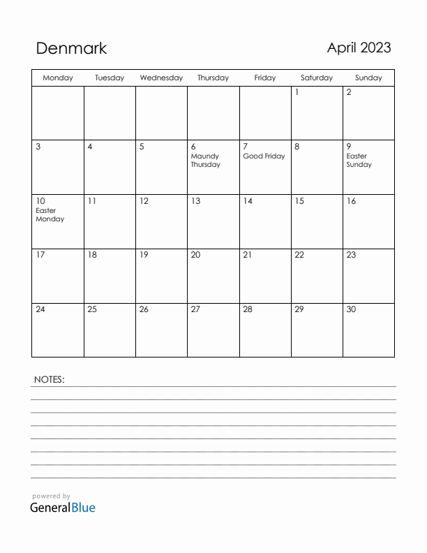 April 2023 Denmark Calendar with Holidays (Monday Start)