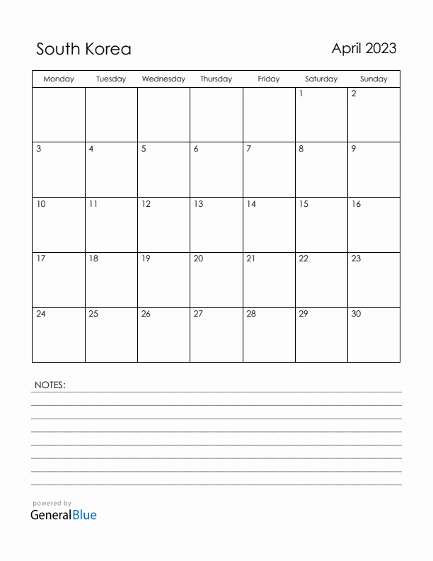 April 2023 South Korea Calendar with Holidays (Monday Start)