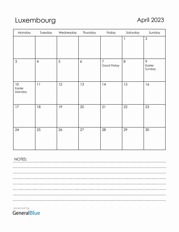 April 2023 Luxembourg Calendar with Holidays (Monday Start)