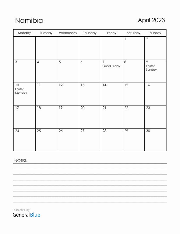 April 2023 Namibia Calendar with Holidays (Monday Start)