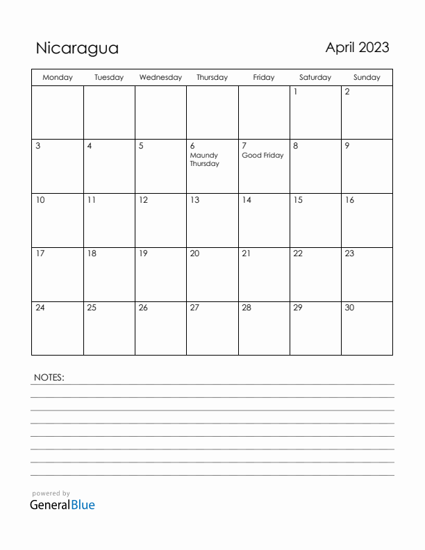 April 2023 Nicaragua Calendar with Holidays (Monday Start)