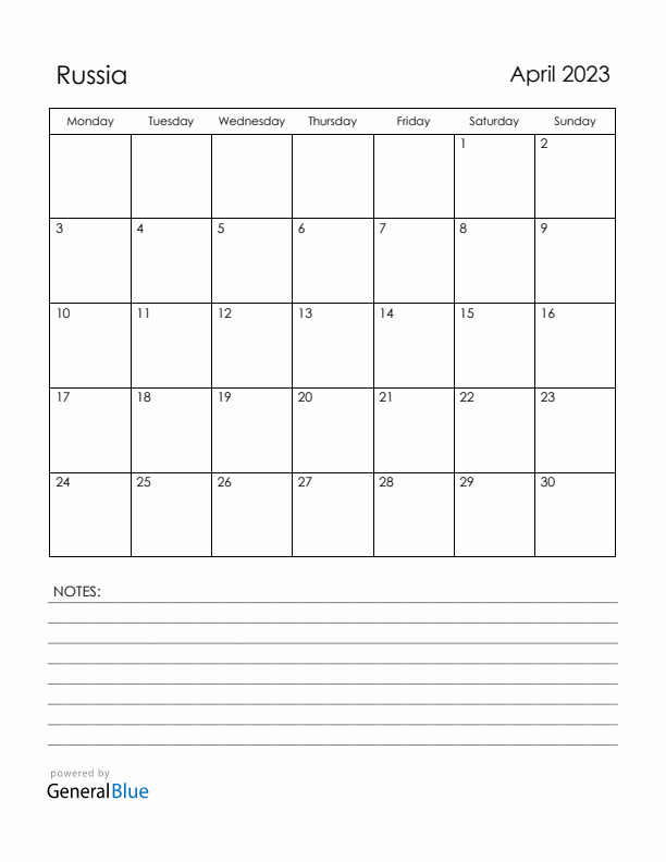 April 2023 Russia Calendar with Holidays (Monday Start)