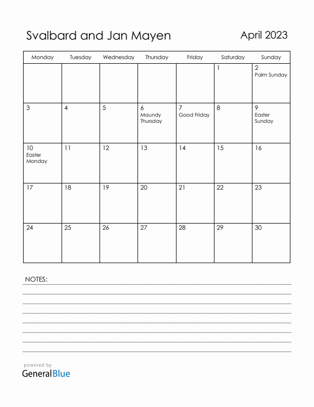 April 2023 Svalbard and Jan Mayen Calendar with Holidays (Monday Start)