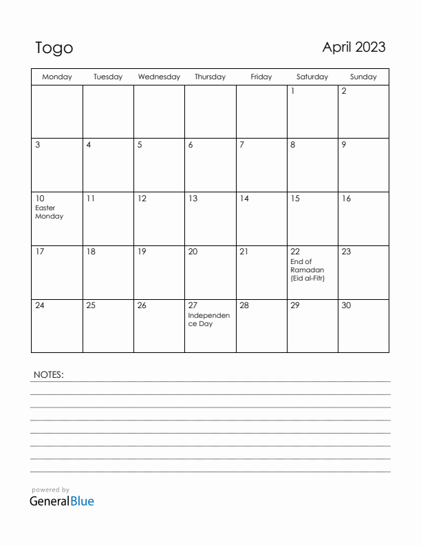 April 2023 Togo Calendar with Holidays (Monday Start)