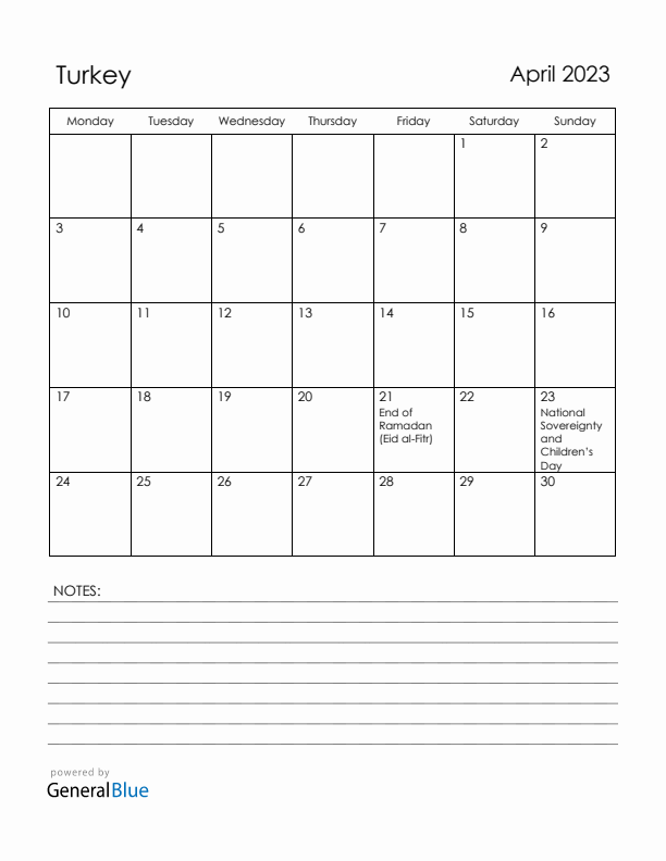 April 2023 Turkey Calendar with Holidays (Monday Start)