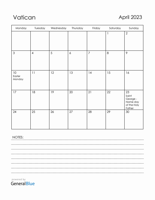 April 2023 Vatican Calendar with Holidays (Monday Start)