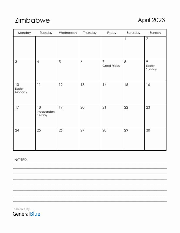 April 2023 Zimbabwe Calendar with Holidays (Monday Start)