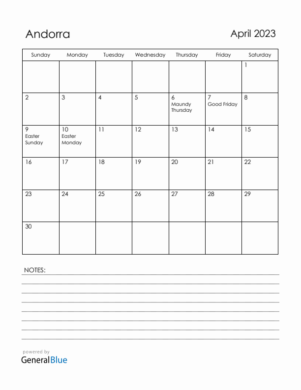 April 2023 Andorra Calendar with Holidays (Sunday Start)