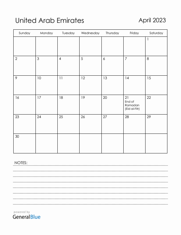 April 2023 United Arab Emirates Calendar with Holidays (Sunday Start)