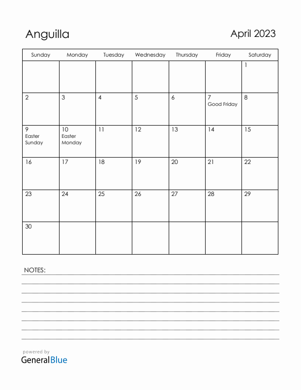 April 2023 Anguilla Calendar with Holidays (Sunday Start)