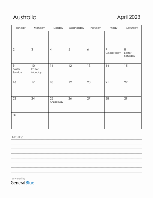 April 2023 Australia Calendar with Holidays (Sunday Start)