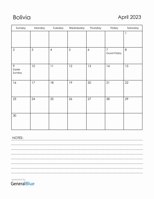 April 2023 Bolivia Calendar with Holidays (Sunday Start)