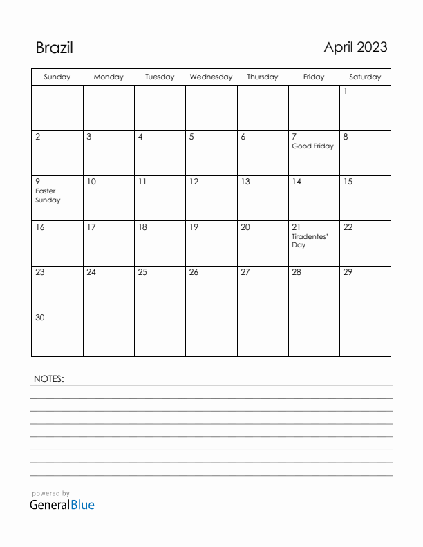 April 2023 Brazil Calendar with Holidays (Sunday Start)