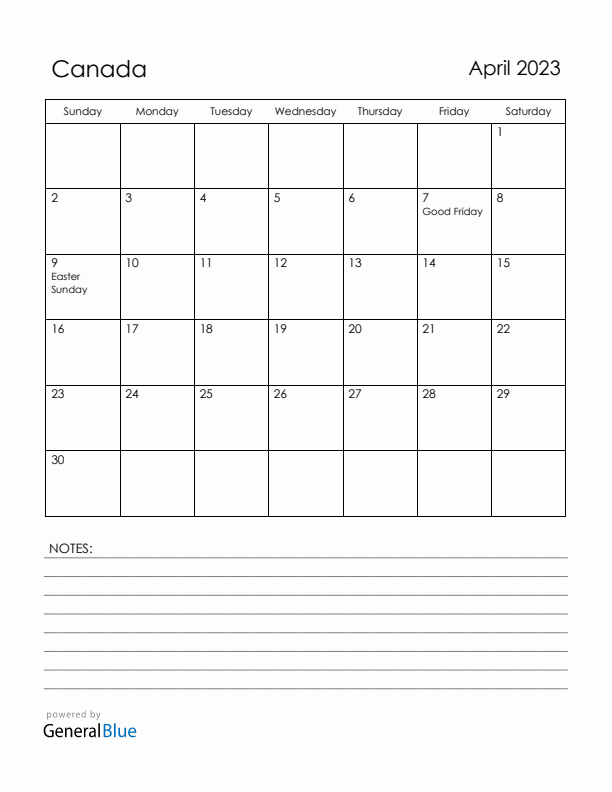 April 2023 Canada Calendar with Holidays (Sunday Start)