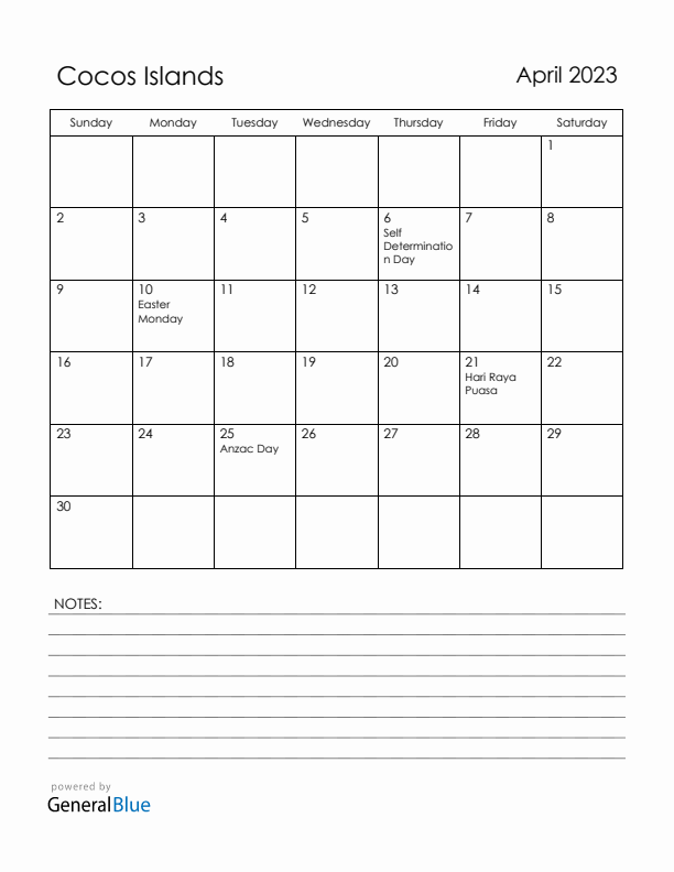 April 2023 Cocos Islands Calendar with Holidays (Sunday Start)