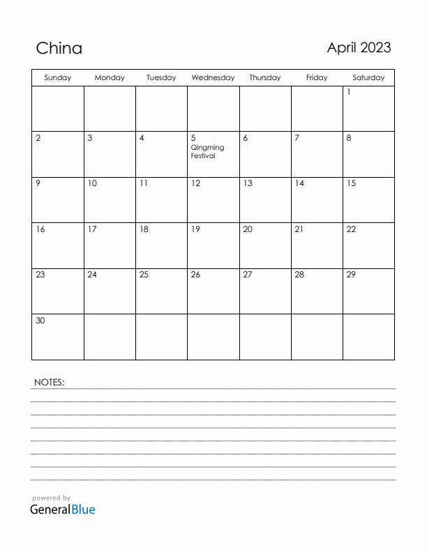 April 2023 China Calendar with Holidays (Sunday Start)