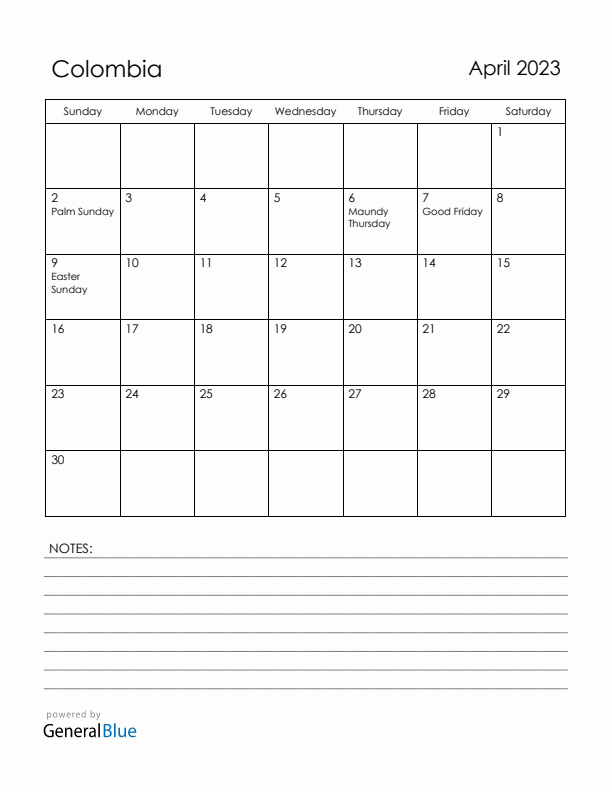 April 2023 Colombia Calendar with Holidays (Sunday Start)