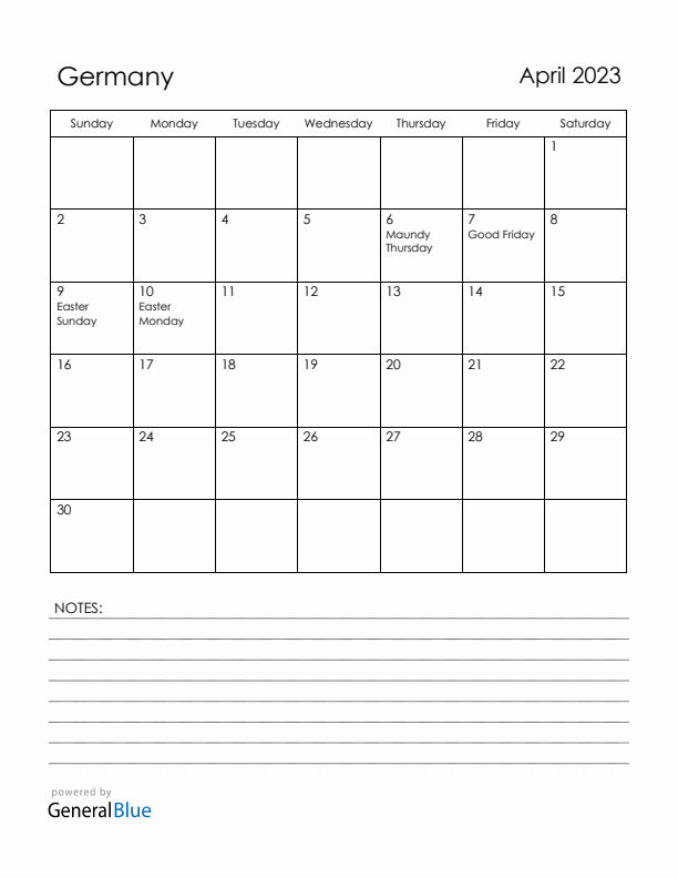 April 2023 Germany Calendar with Holidays (Sunday Start)