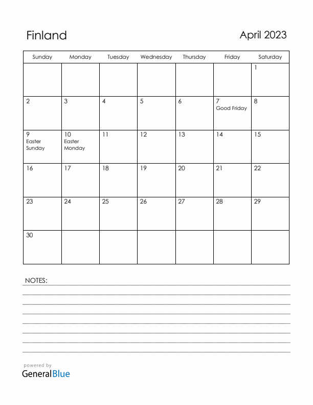 April 2023 Finland Calendar with Holidays (Sunday Start)