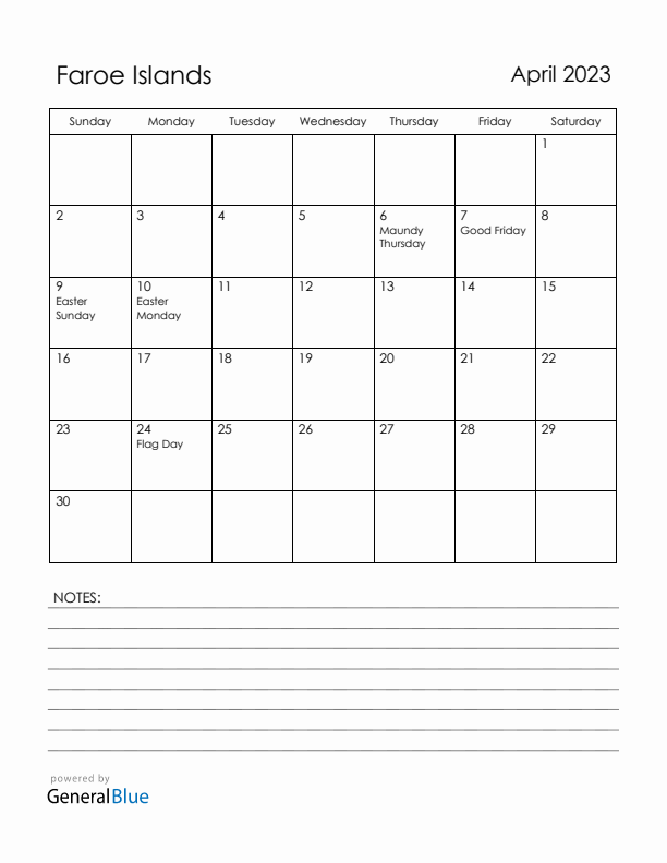 April 2023 Faroe Islands Calendar with Holidays (Sunday Start)