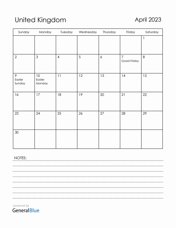 April 2023 United Kingdom Calendar with Holidays (Sunday Start)