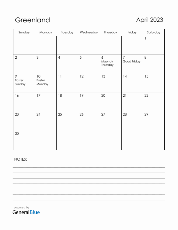 April 2023 Greenland Calendar with Holidays (Sunday Start)