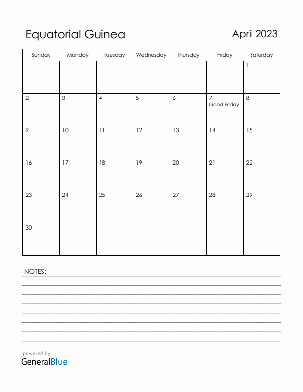 April 2023 Equatorial Guinea Calendar with Holidays (Sunday Start)