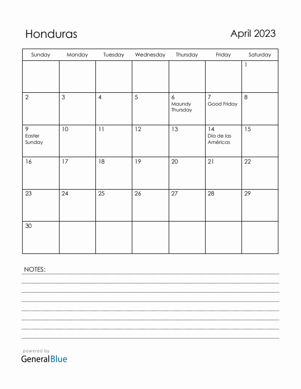 April 2023 Honduras Calendar with Holidays (Sunday Start)