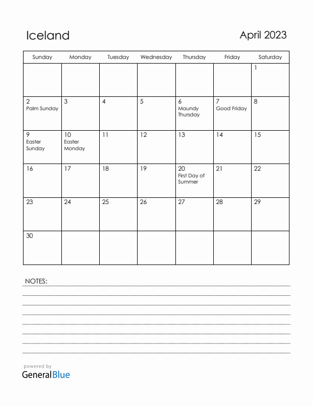 April 2023 Iceland Calendar with Holidays (Sunday Start)