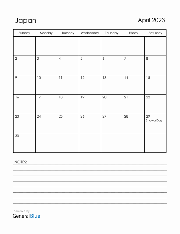 April 2023 Japan Calendar with Holidays (Sunday Start)