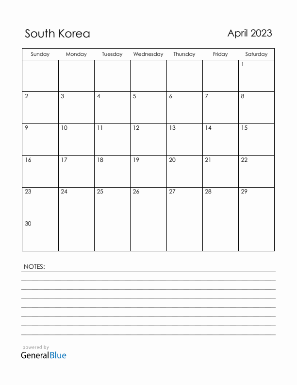 April 2023 South Korea Calendar with Holidays (Sunday Start)