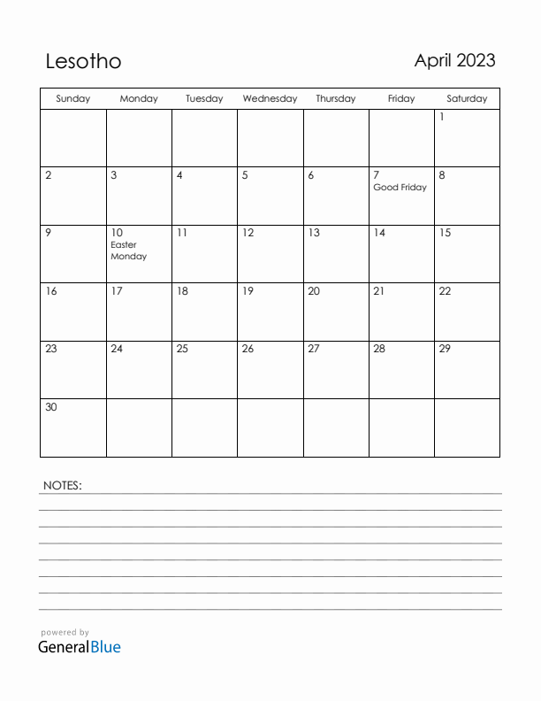 April 2023 Lesotho Calendar with Holidays (Sunday Start)