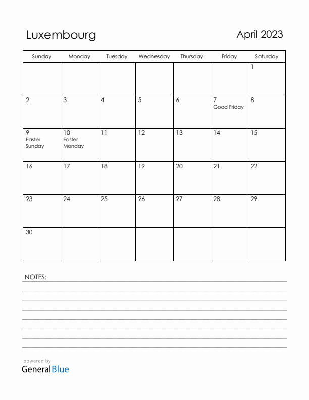 April 2023 Luxembourg Calendar with Holidays (Sunday Start)