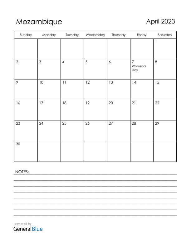 April 2023 Mozambique Calendar with Holidays (Sunday Start)