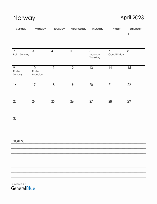 April 2023 Norway Calendar with Holidays (Sunday Start)