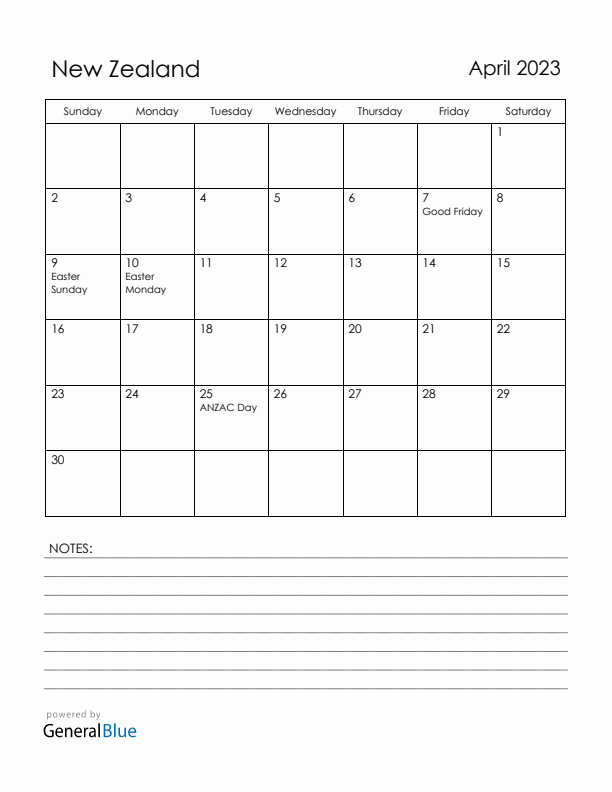 April 2023 New Zealand Calendar with Holidays (Sunday Start)