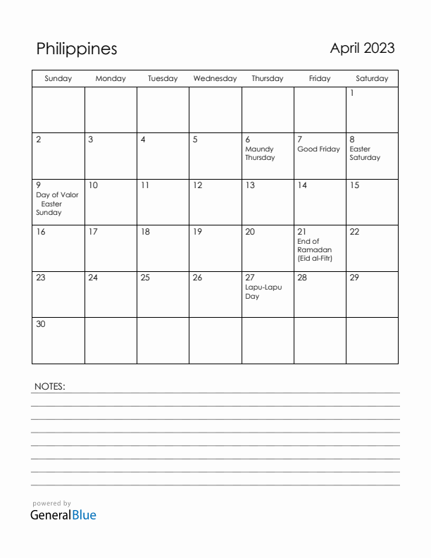 April 2023 Philippines Calendar with Holidays (Sunday Start)