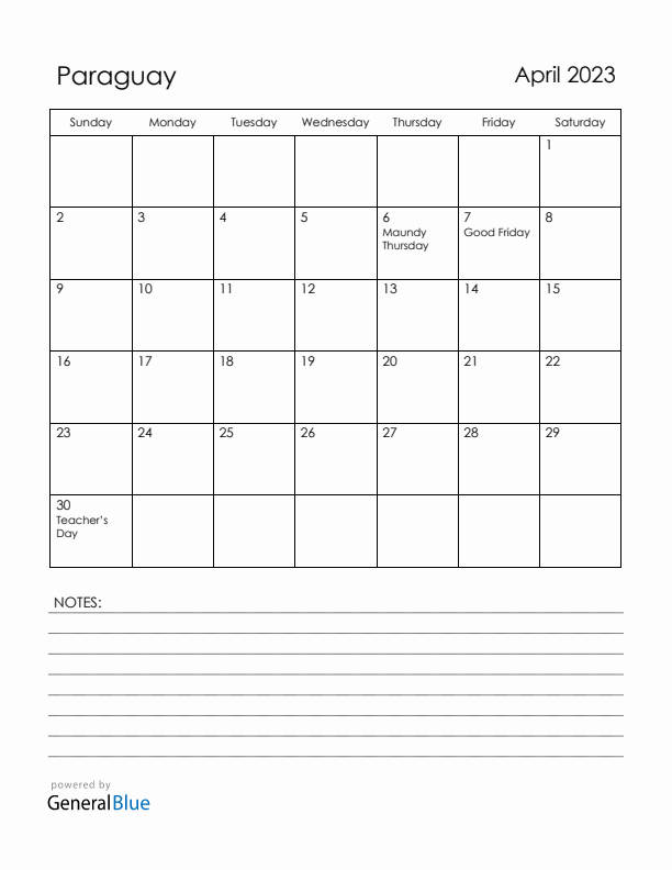 April 2023 Paraguay Calendar with Holidays (Sunday Start)