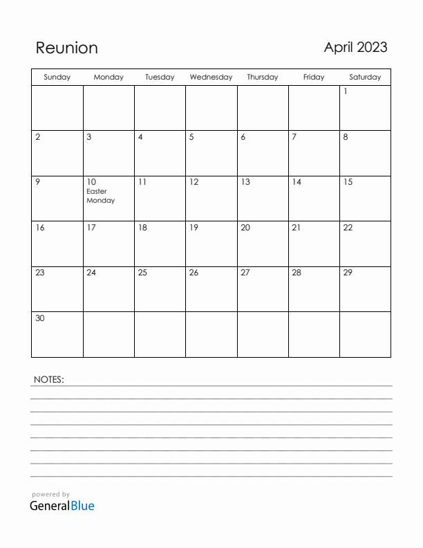 April 2023 Reunion Calendar with Holidays (Sunday Start)