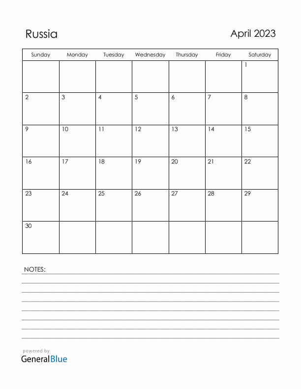 April 2023 Russia Calendar with Holidays (Sunday Start)