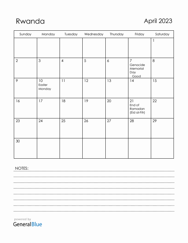 April 2023 Rwanda Calendar with Holidays (Sunday Start)