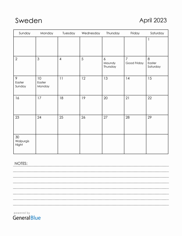 April 2023 Sweden Calendar with Holidays (Sunday Start)