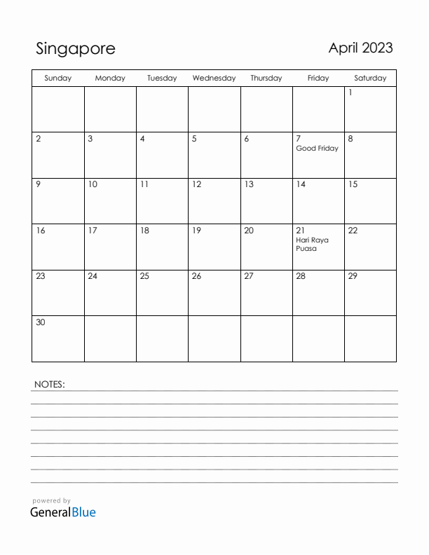 April 2023 Singapore Calendar with Holidays (Sunday Start)
