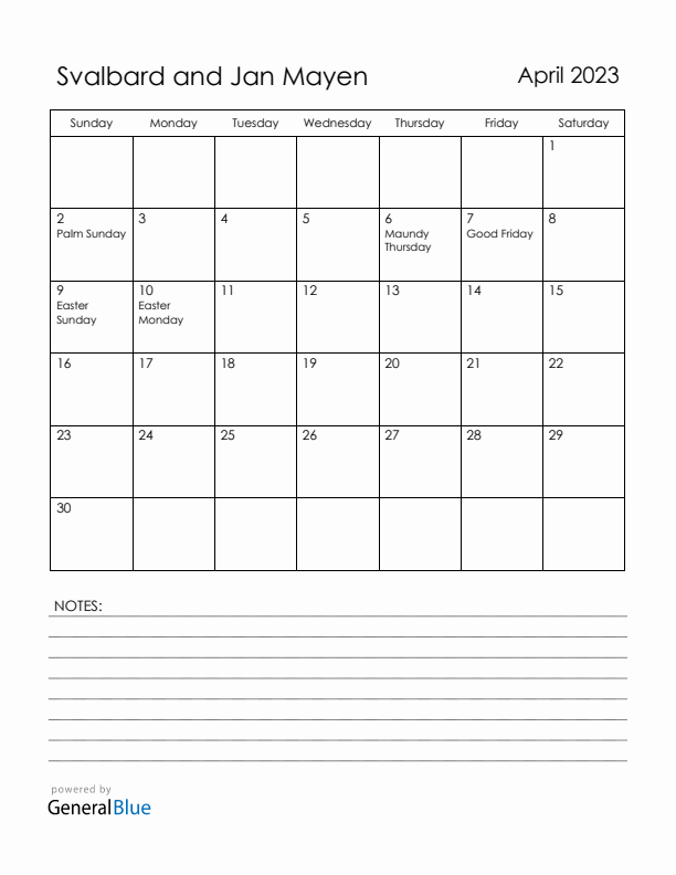 April 2023 Svalbard and Jan Mayen Calendar with Holidays (Sunday Start)