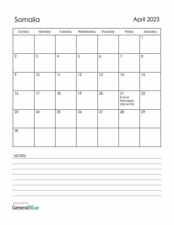 April 2023 Somalia Calendar with Holidays (Sunday Start)